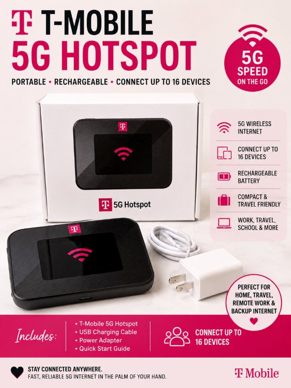 T-Mobile 5G Hotspot Portable WiFi Mobile Internet Rechargeable Up to 16 Devices